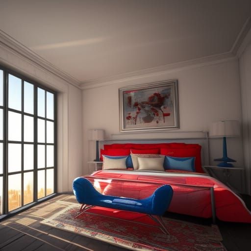 Red and Blue Bedroom with New York View