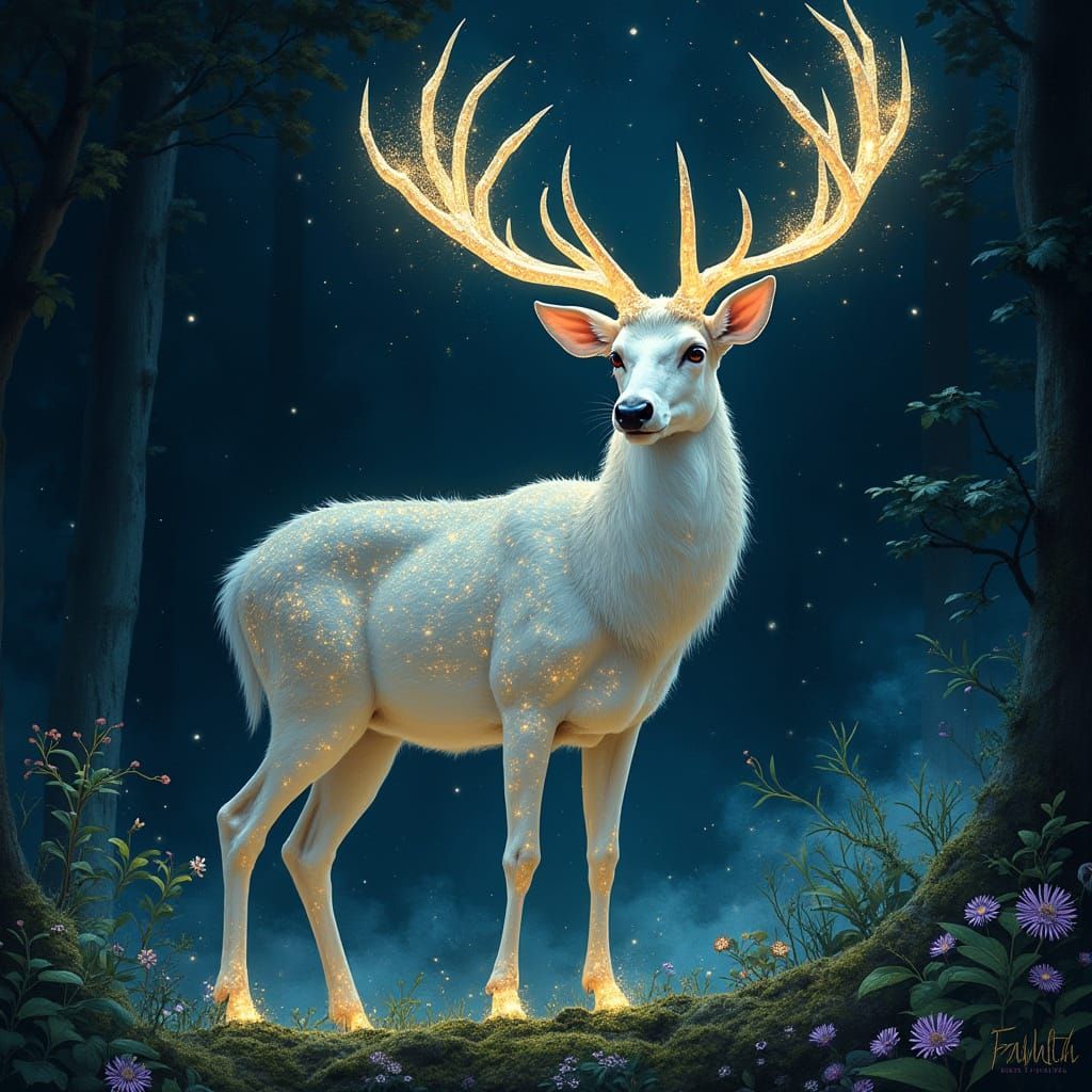 Stag with Crystalline Antlers in Moonlit Glade