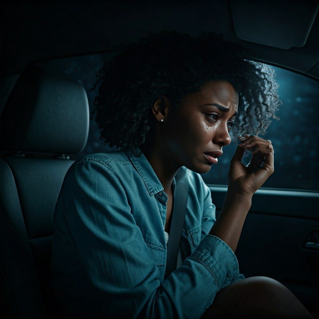 Woman Crying in Car on Dark Night
