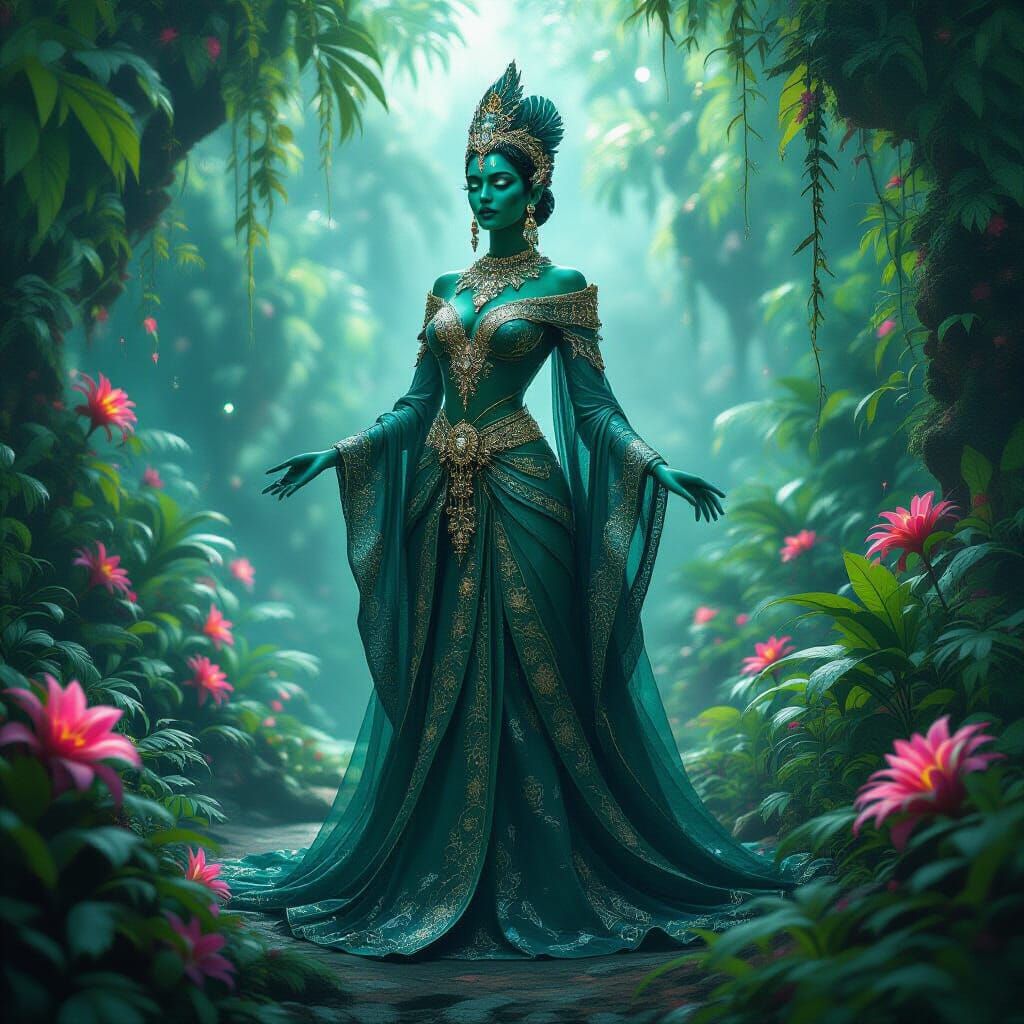 Emerald Alien Ambassador in Bioluminescent Jungle Art