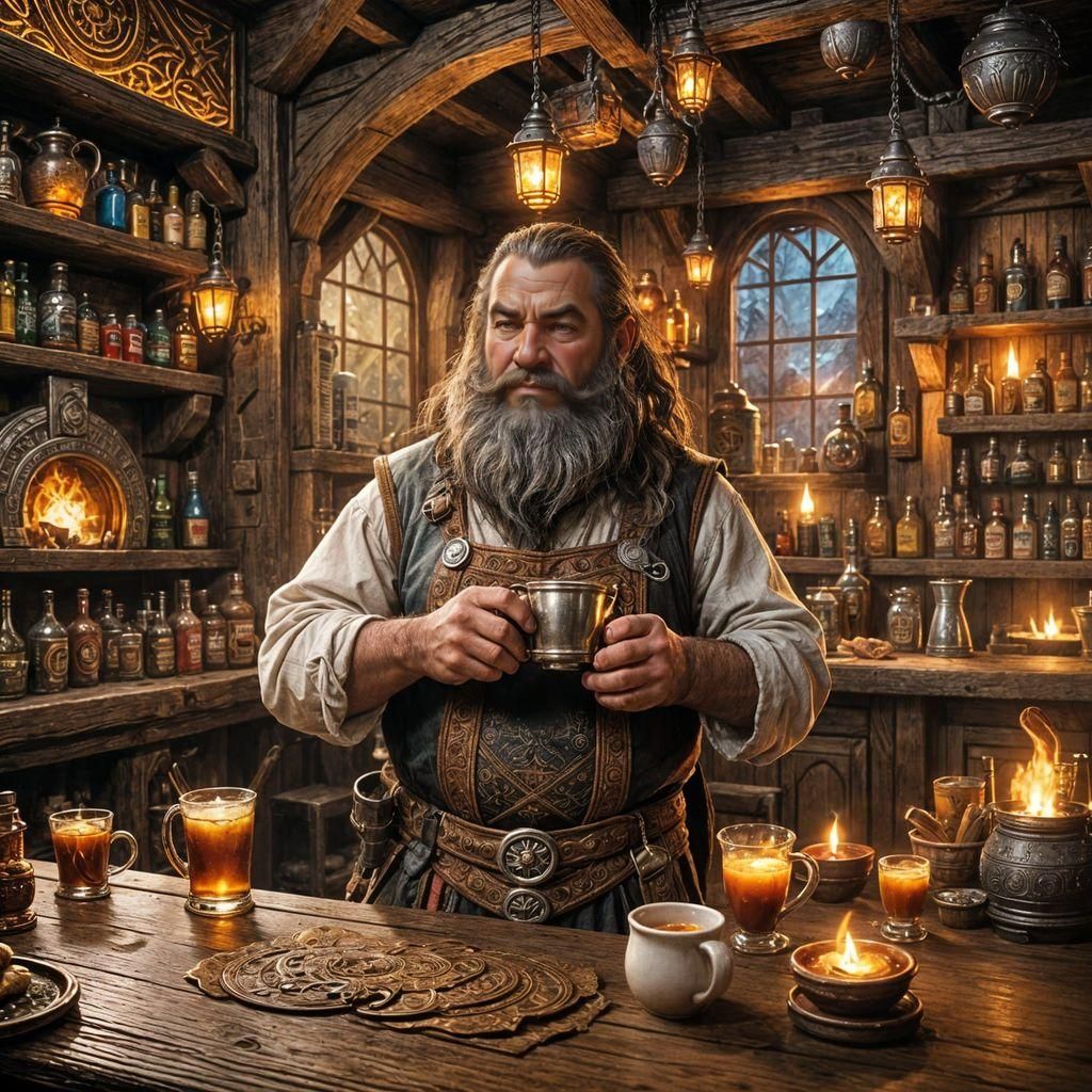 Dwarven Bartender in High Fantasy Tavern, Digital Art