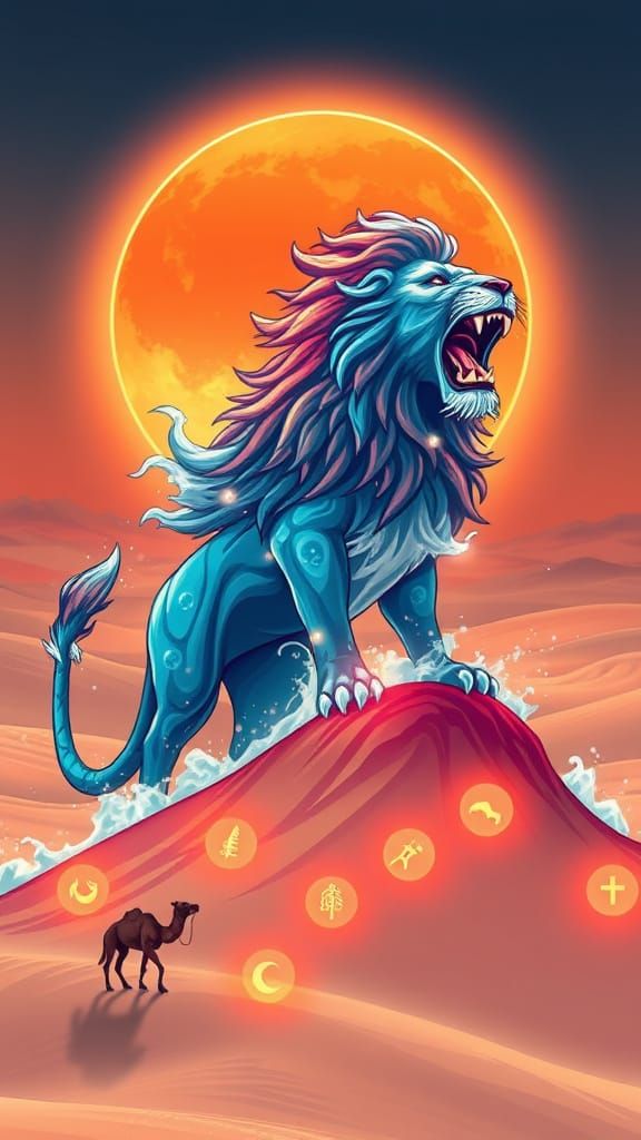 Water Lion Roaring on Dune with Runes