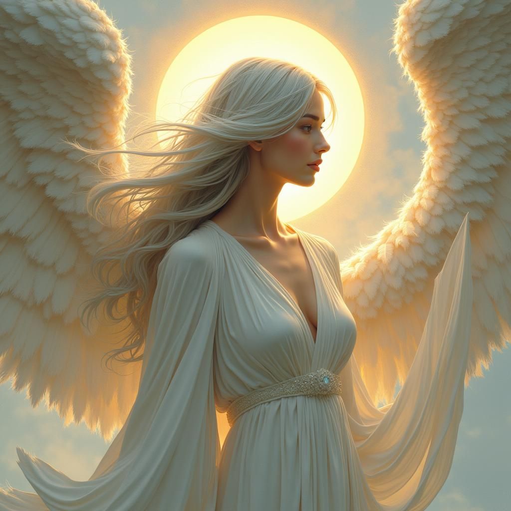 Elegant Angel Woman with Golden Halo, Dreamlike Art