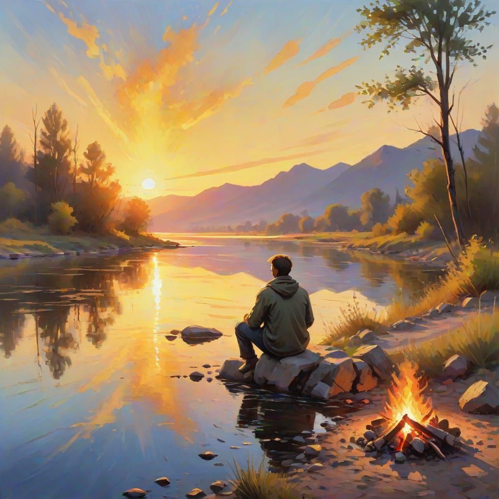 Riverside Campfire: Impressionist Landscape Painting