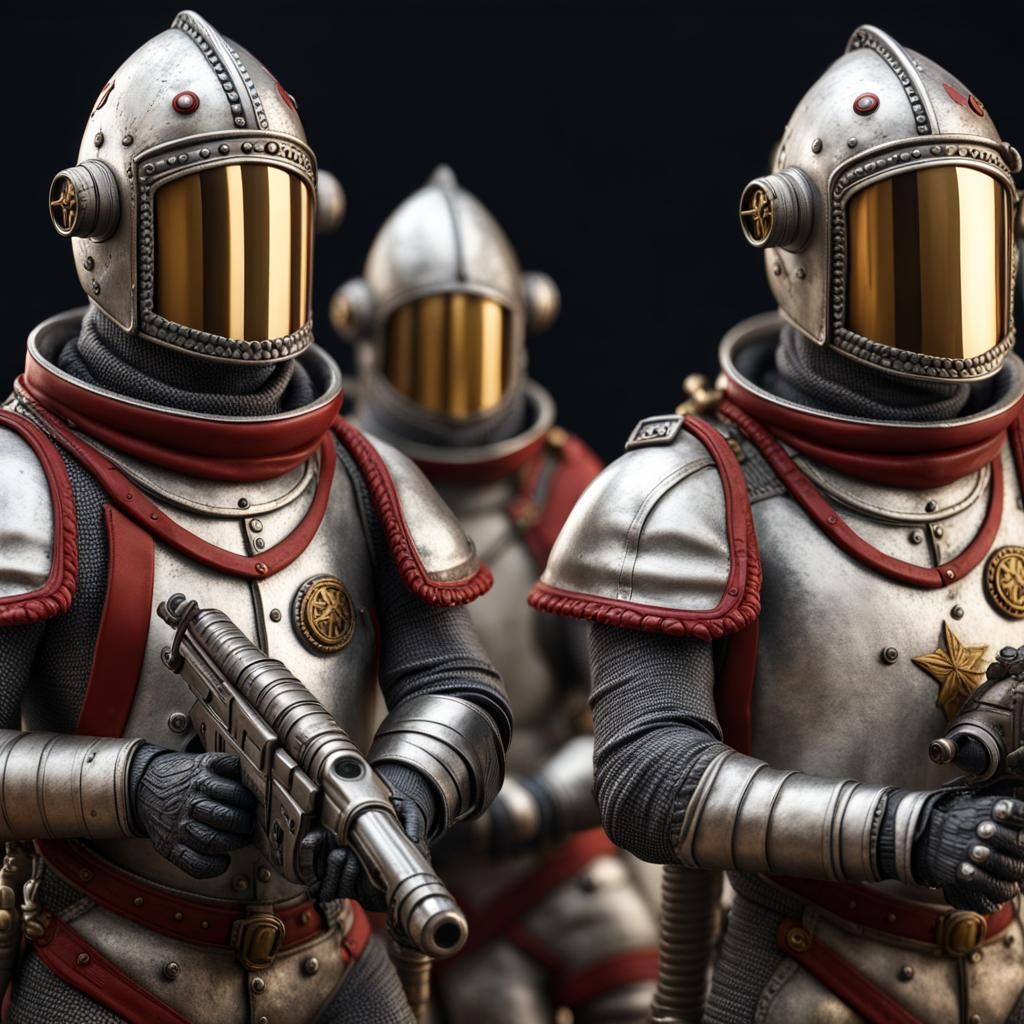 Hyperrealistic Templar Knights in Spacesuits with Ray Guns