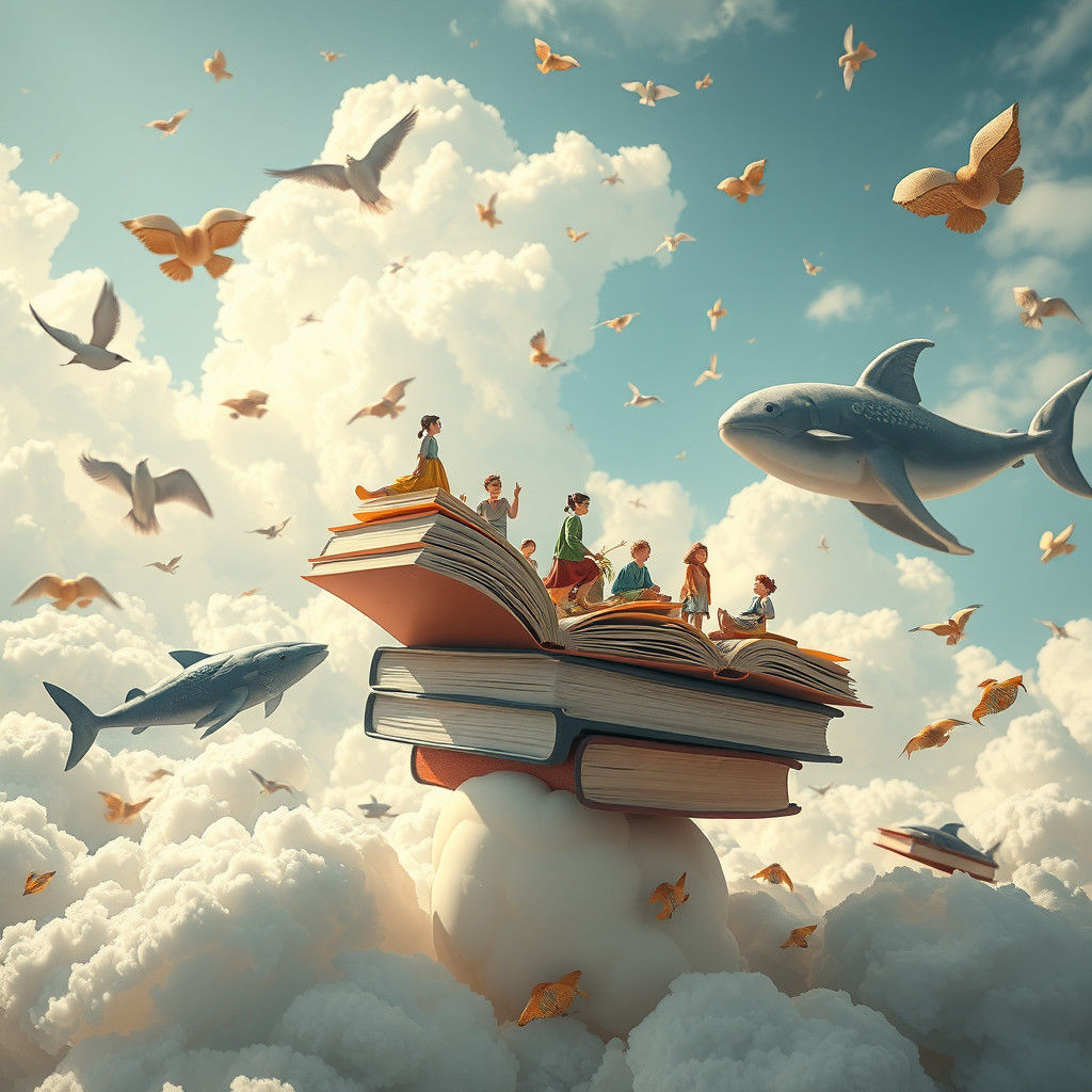 Whimsical Floating Books Scene in Pastel Colors