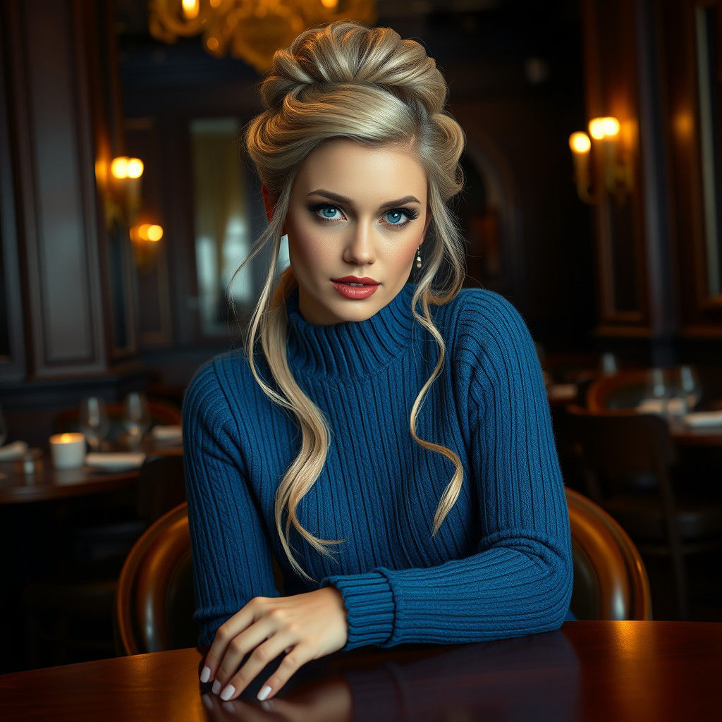 Elegant Woman in Blue Sweater, Detailed Matte Painting