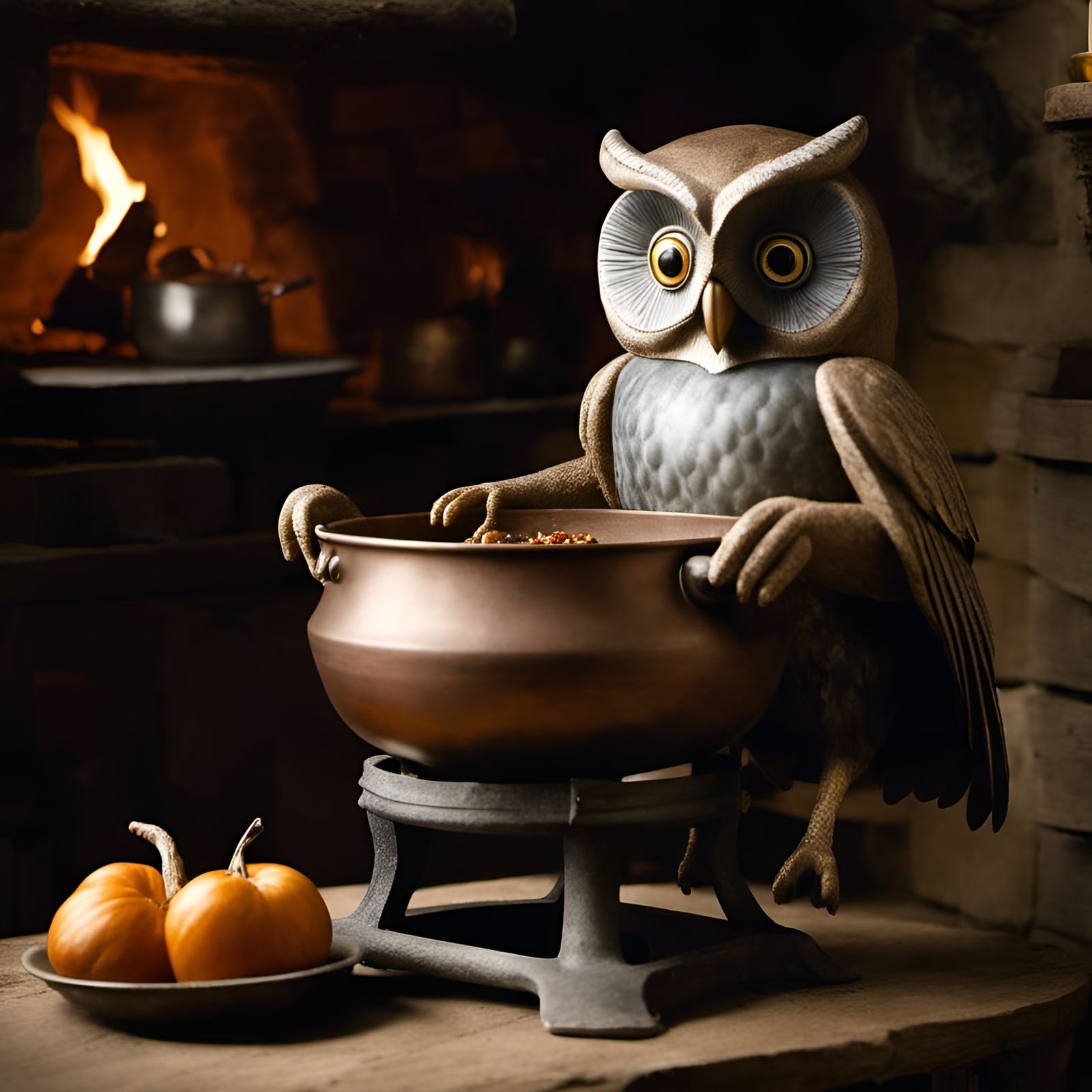 Anthropomorphic Owl Cooks in Cauldron: Historical Photograph
