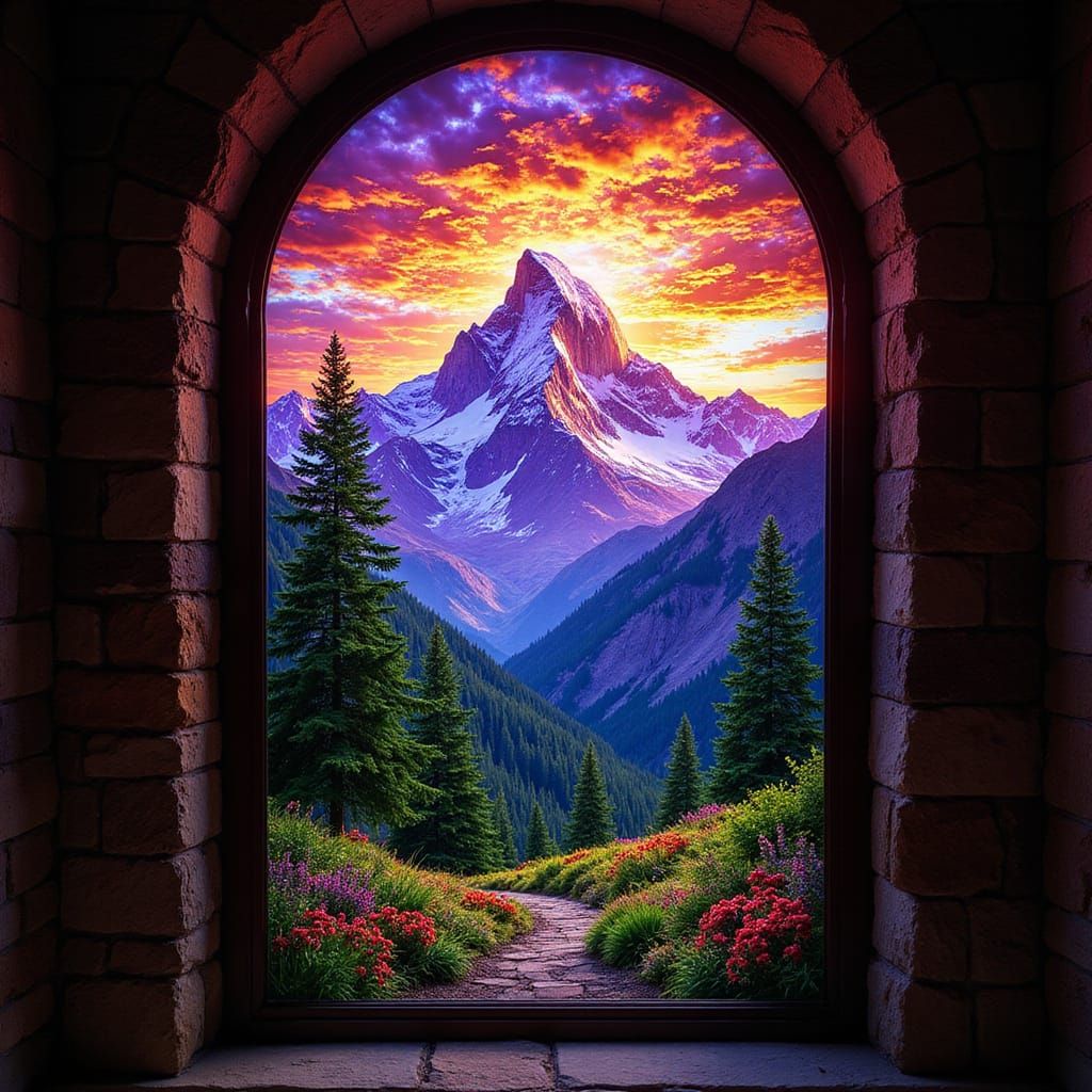 Stained Glass Mountain Peak in Cathedral Style