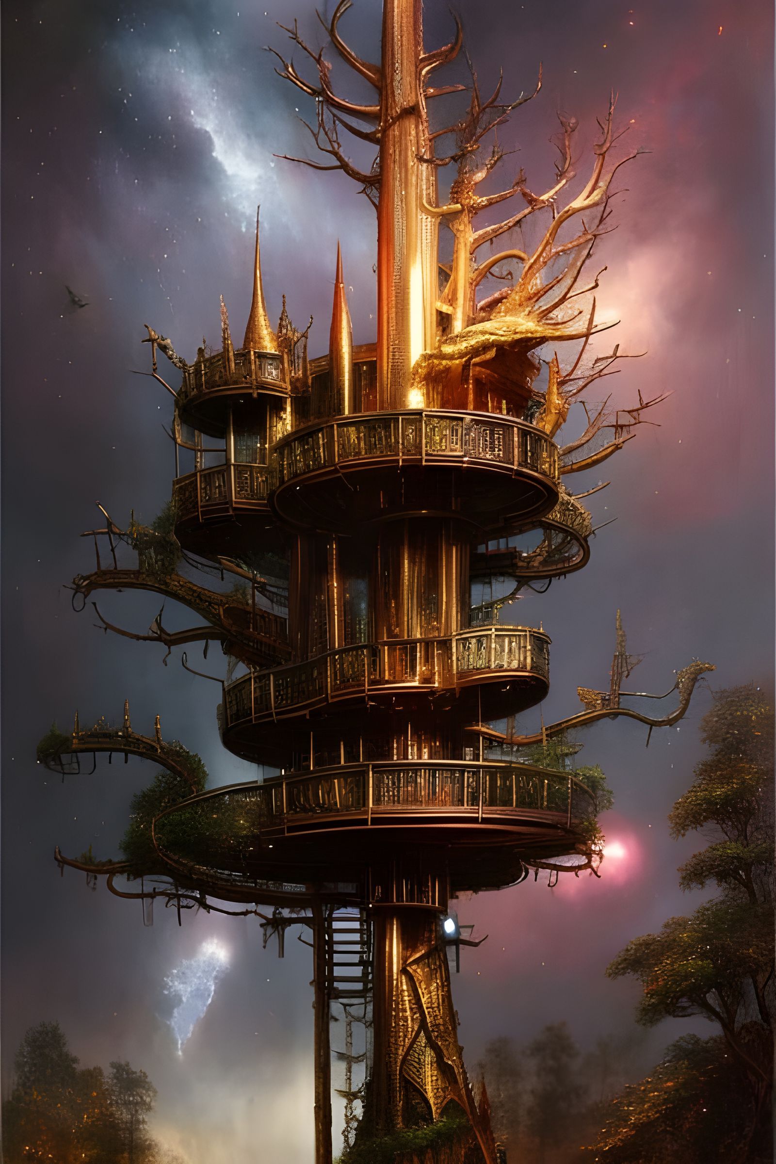 Ornate Metallic Treehouse in Sci-Fi Forest