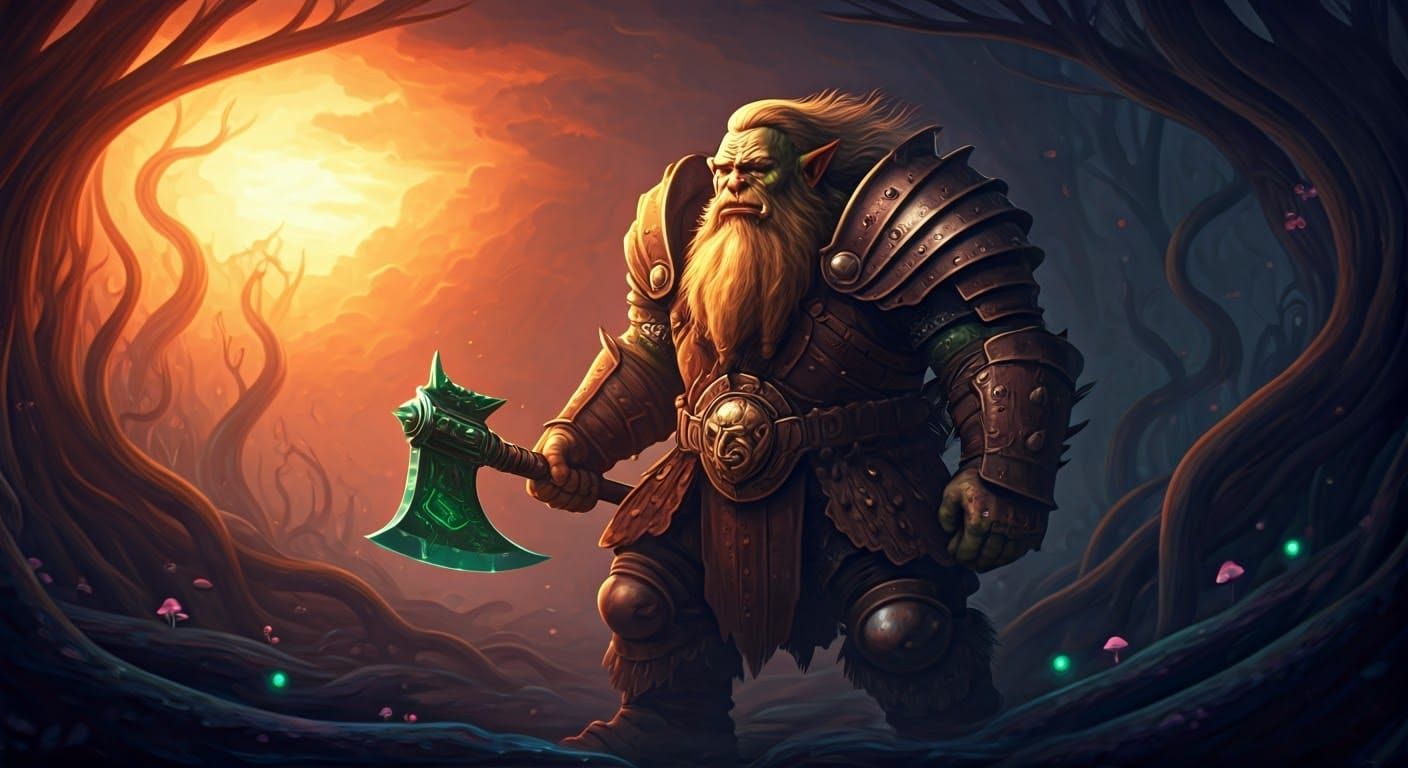 Orkish Warrior in Mystical Forest at Dawn