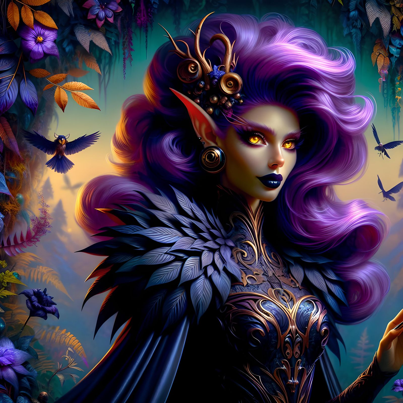 Elven Sorceress and Masked Hero in Fantasy Garden