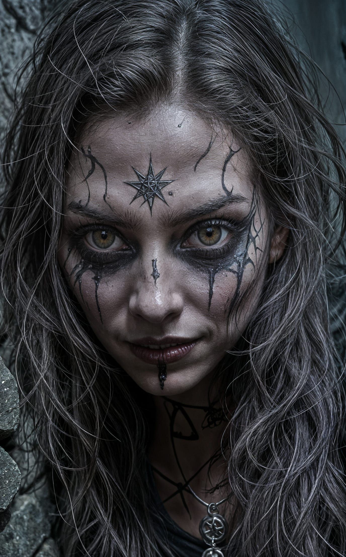Dark Witch in Macabre Painted Face Stares Menacingly