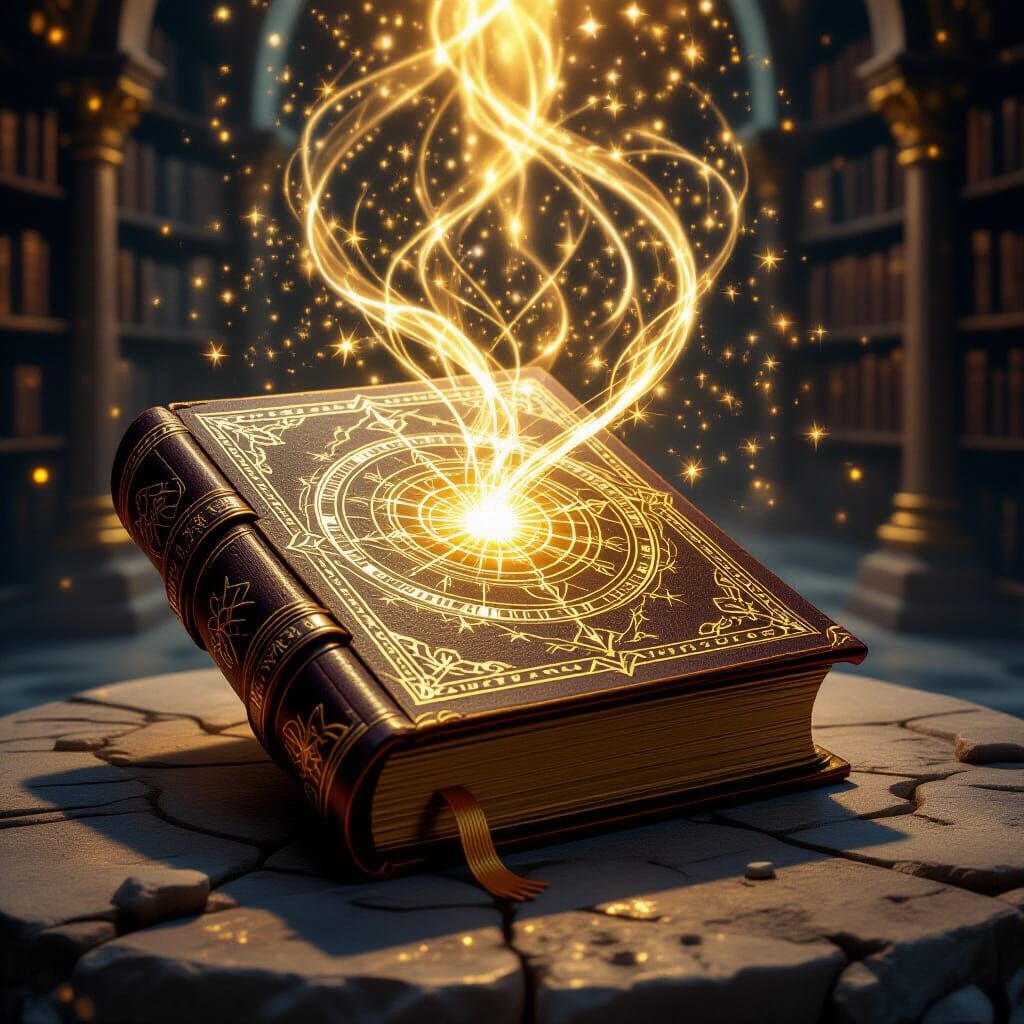 Mystical Grimoire Glowing on Stone Altar