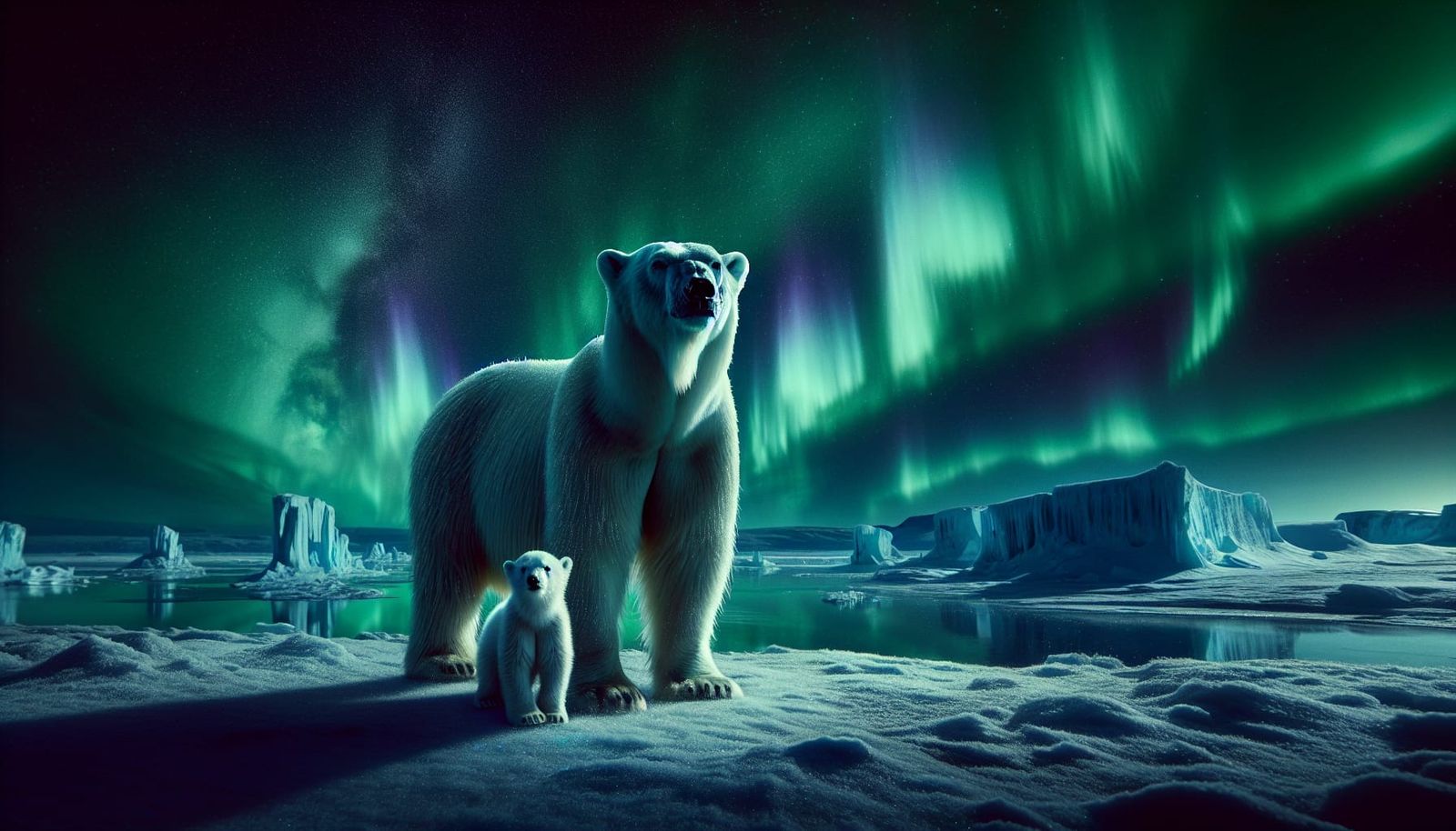 Polar Bear Family Under Aurora Borealis in Photorealistic 4K