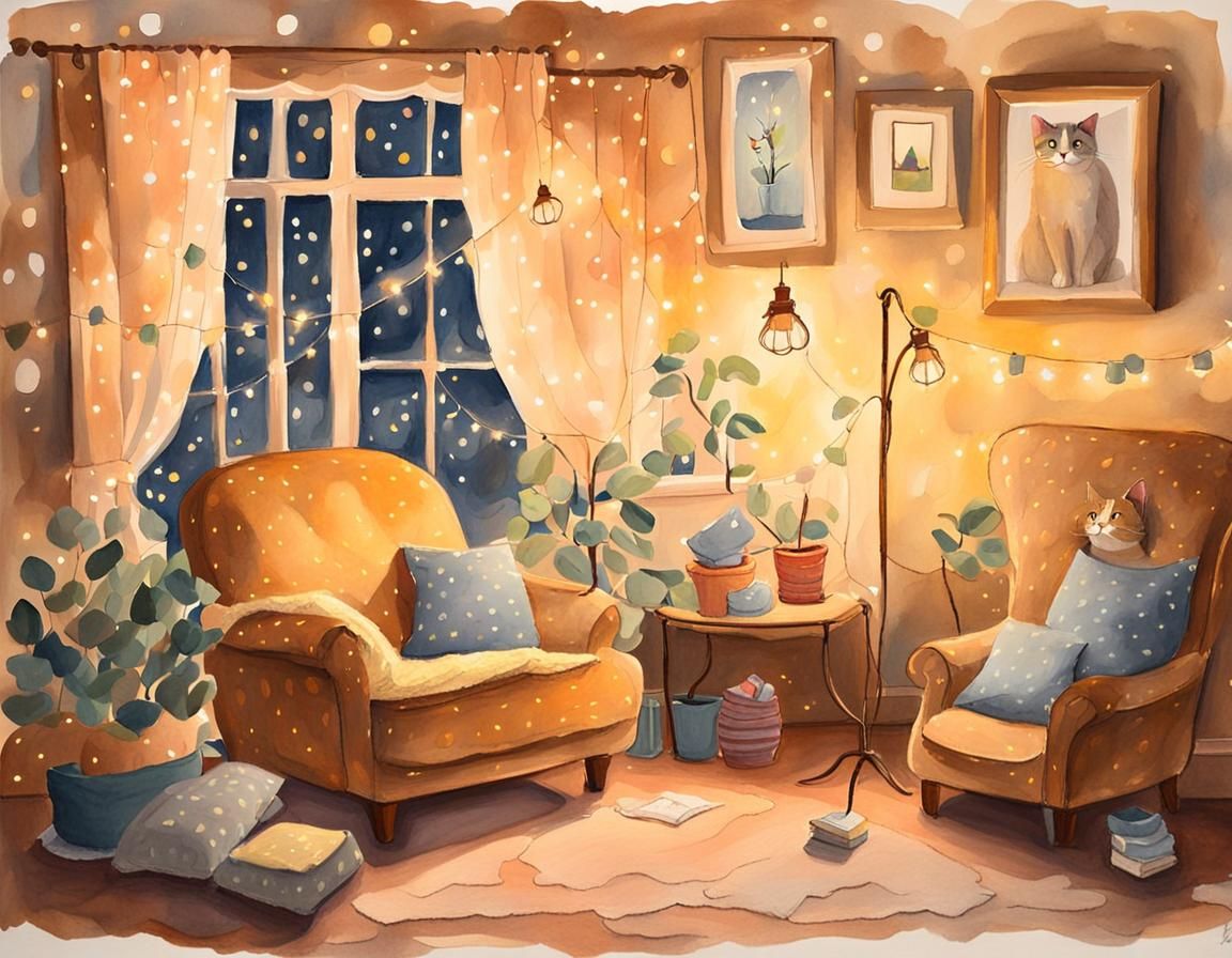 Cozy Cat in Warm Lit Room, Gouache Painting