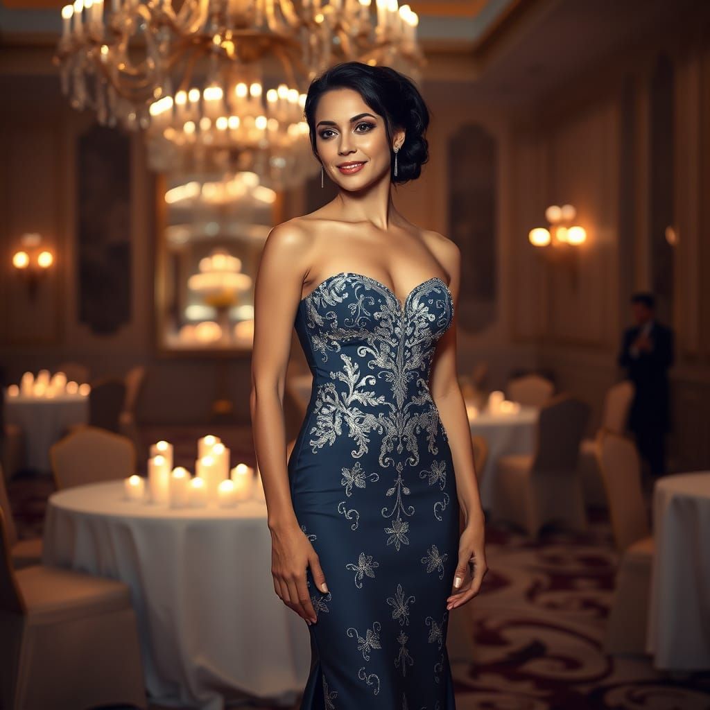 Elegant Woman in Luxurious Ballroom Evening Gown