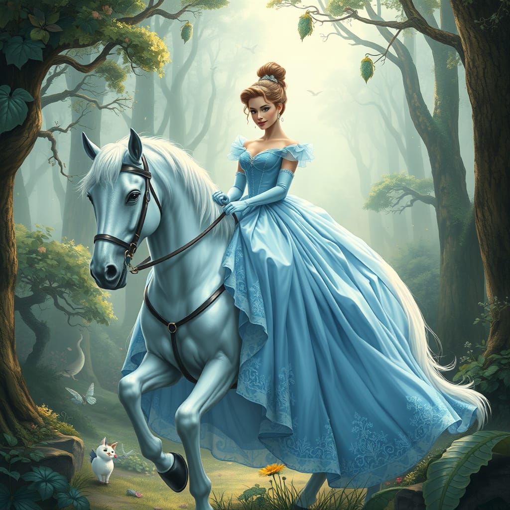 Cinderella Rides a Horse in Whimsical Forest