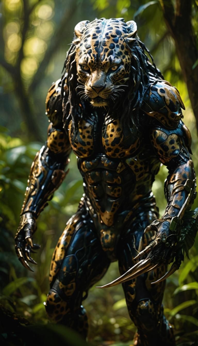 Fantasy Leopard-Alien Emerges from Jungle Shadows in Cyberpu...