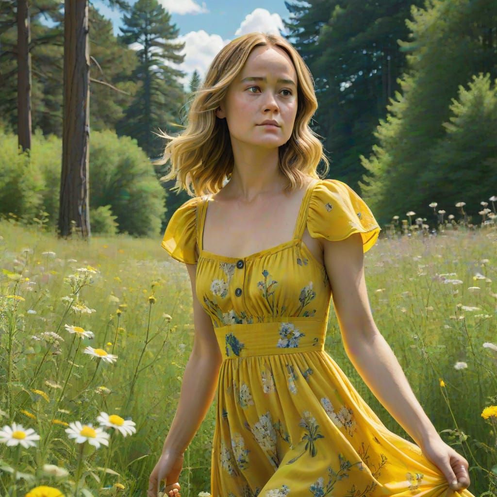 Brie Larson in a Whimsical, Dreamy Meadow Scene