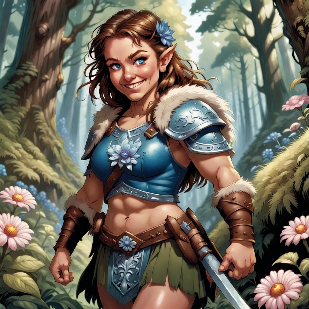 Female Halfling Barbarian in Flower Forest, Comic Art