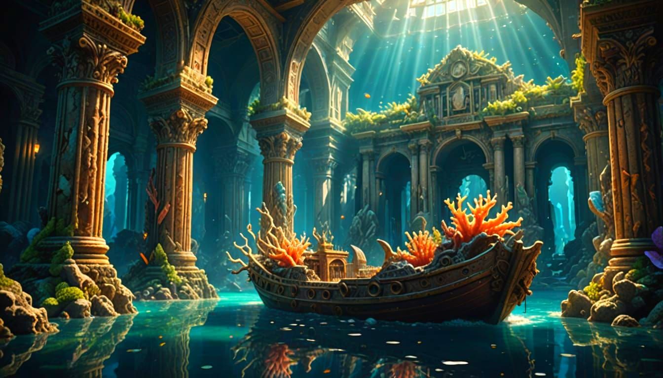 Submerged Lost City with Marine Life in Fantasy Art Style