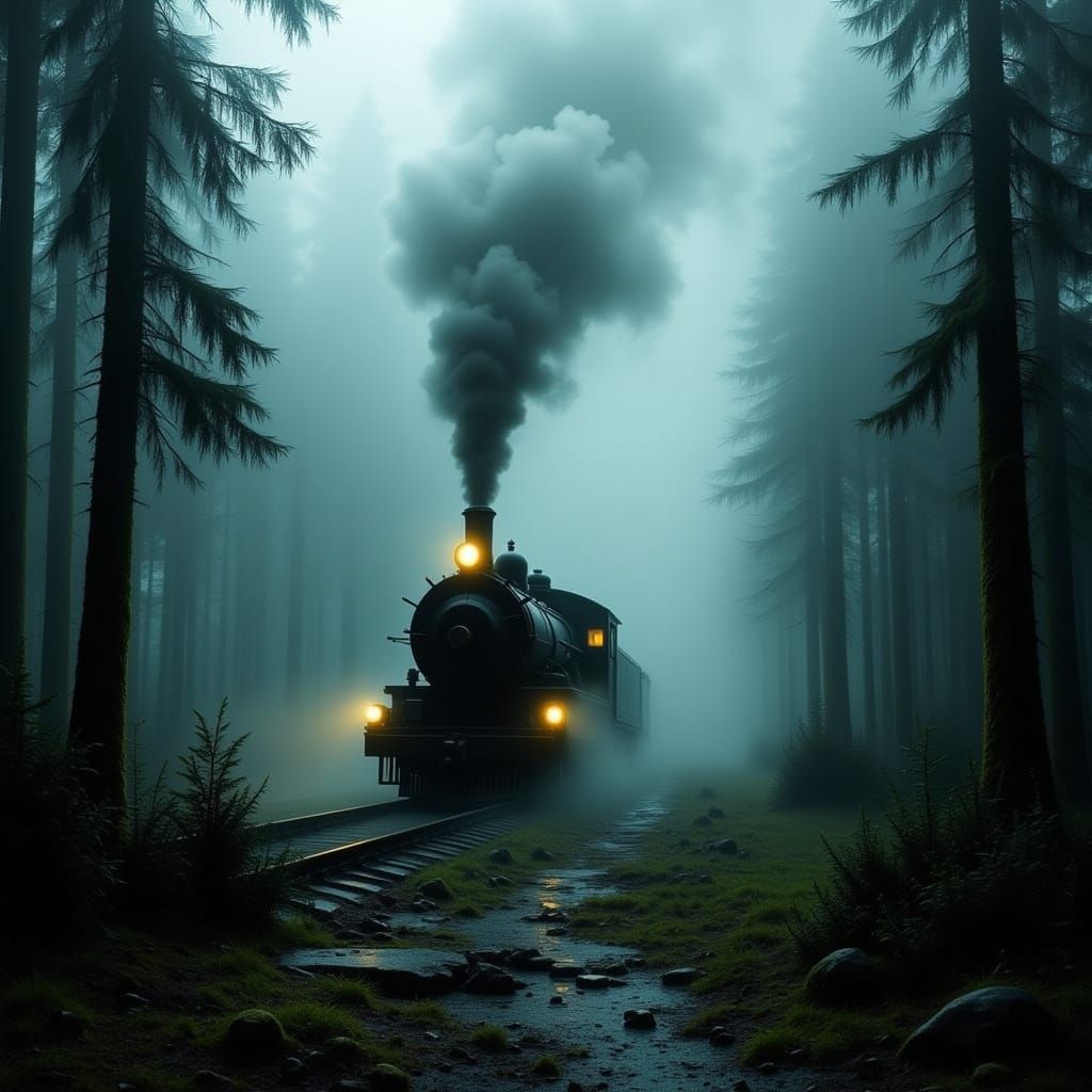 Vintage Steam Train in Misty Pacific Northwest Forest