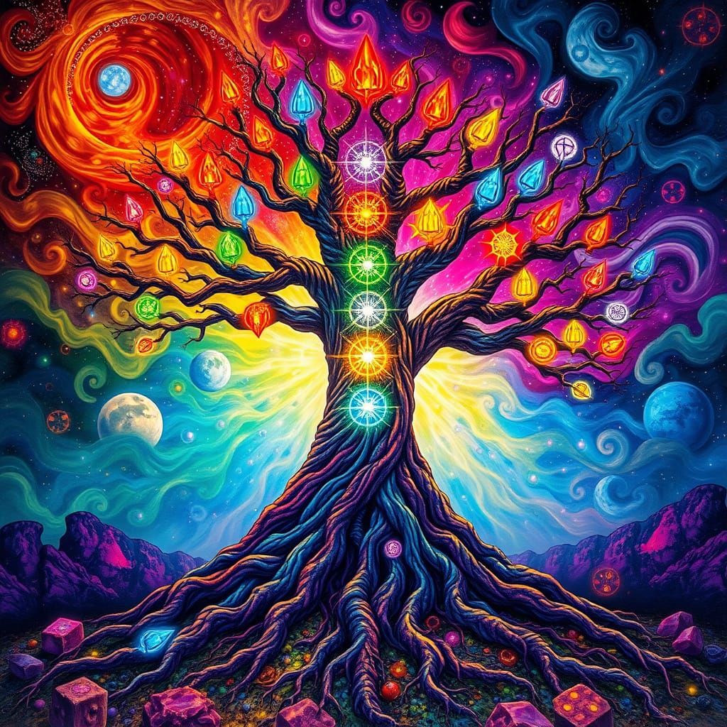 Psychedelic Tree of Life with Glowing Chakra Crystals