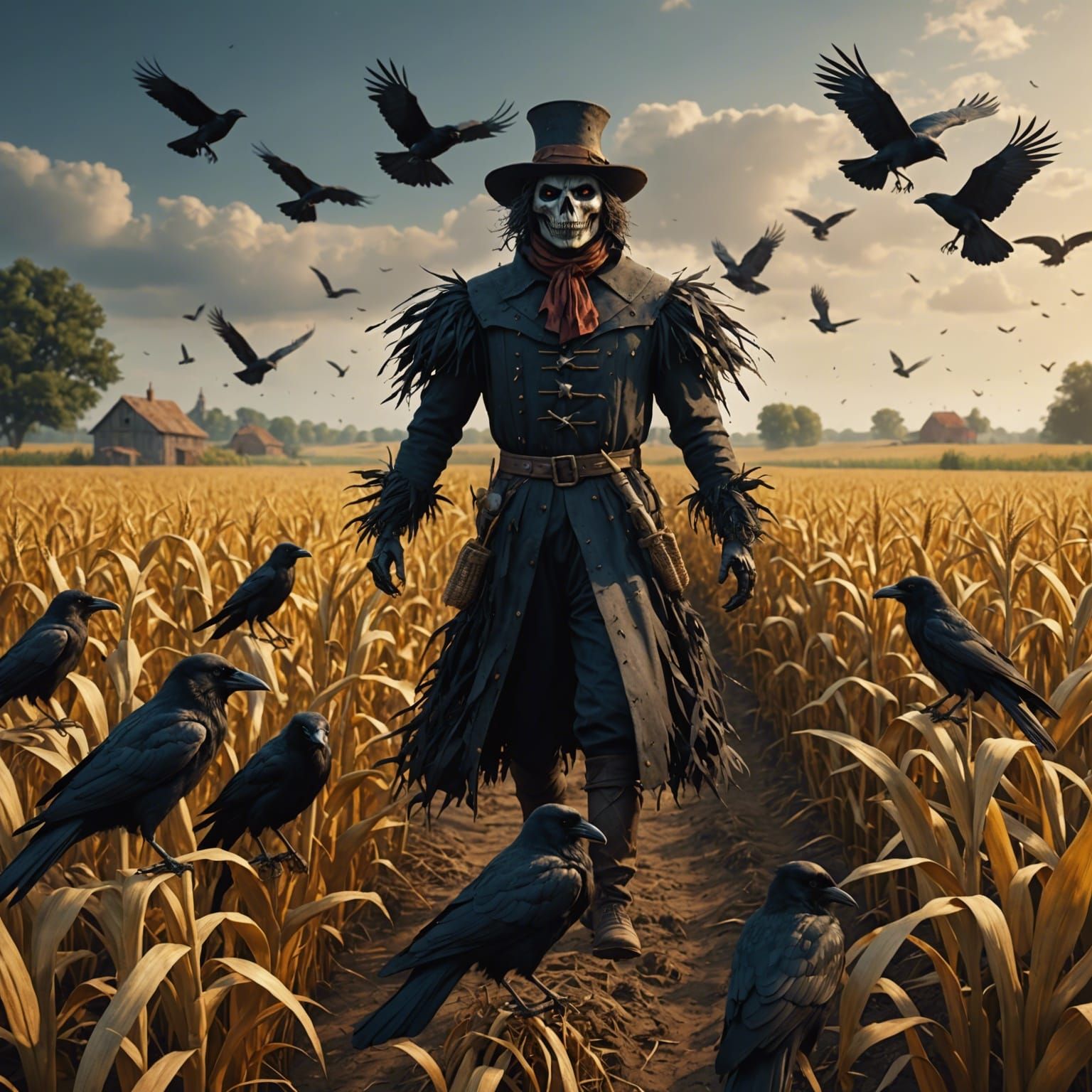 Crows Landing on Scarecrow: Detailed Matte Painting