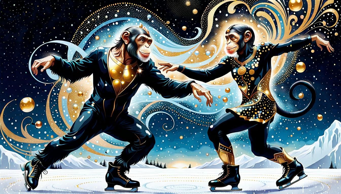 Chimpanzee Ice Dancing in Surreal Art Nouveau Style