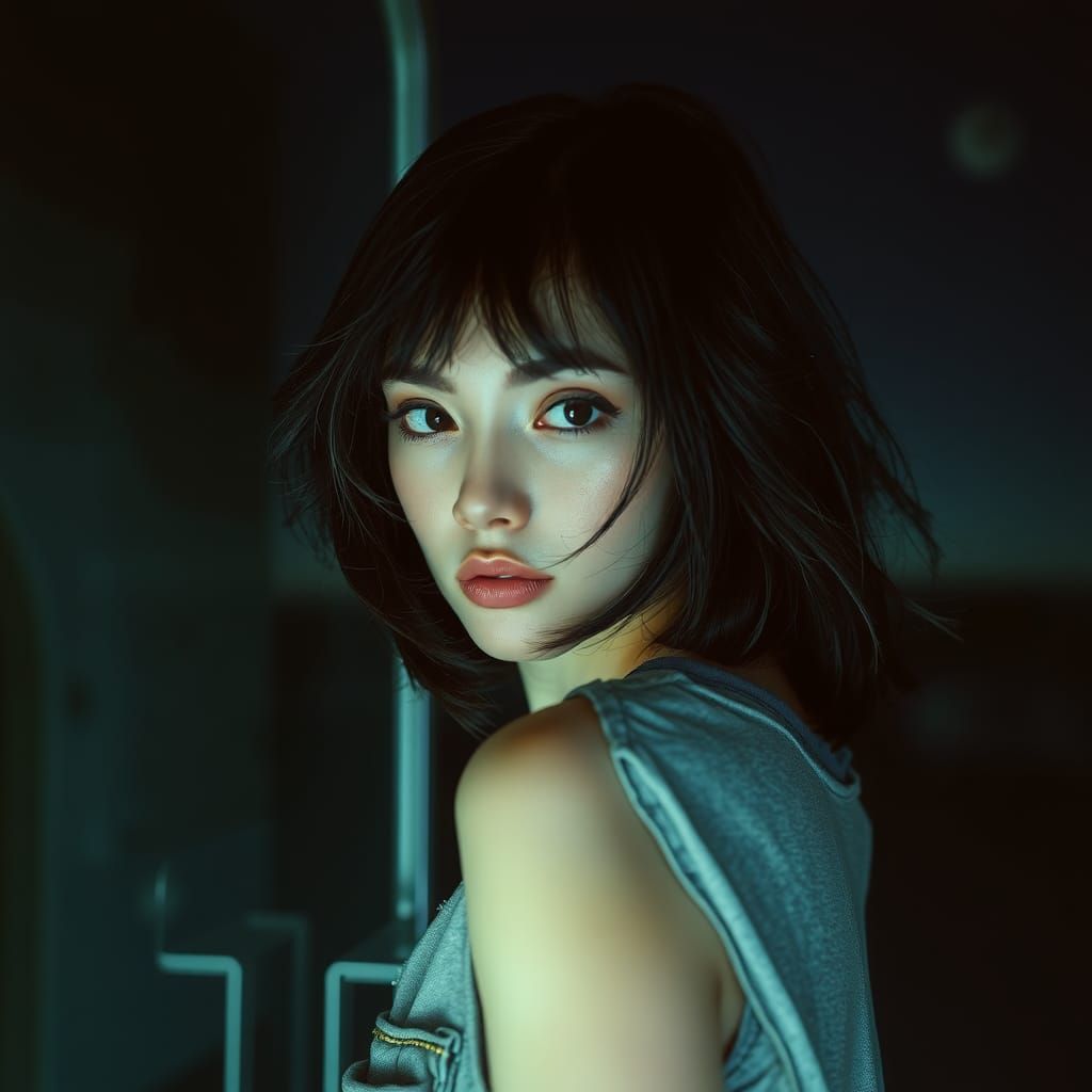 Woman Gazing at Reflection in Synthwave Lighting