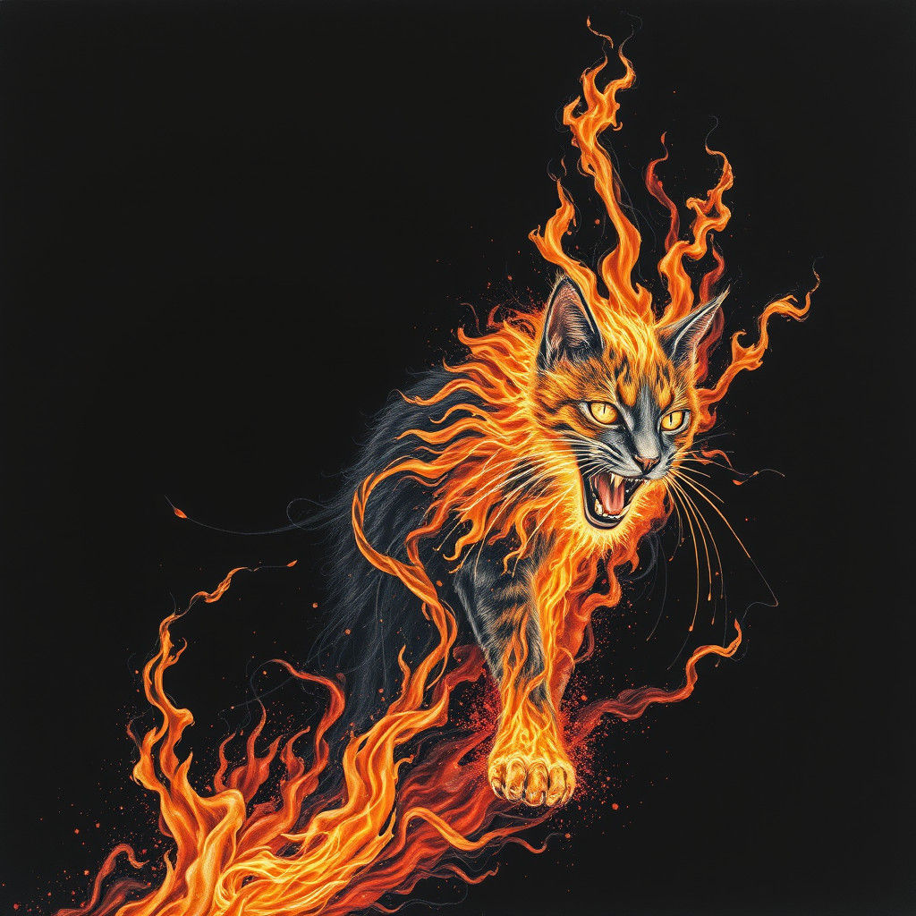 Fiery Wildcat Charcoal Drawing in Surreal Style