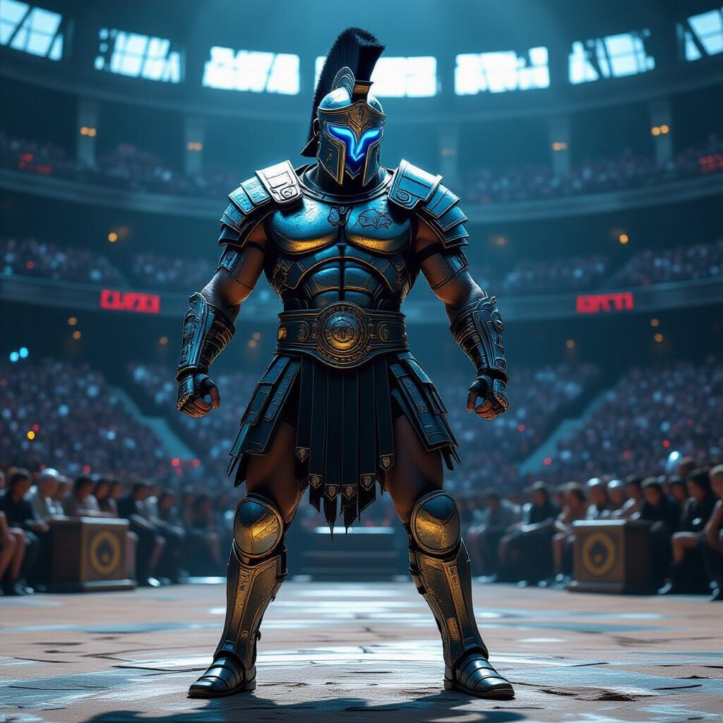 Cybernetic Gladiator in Futuristic Colosseum