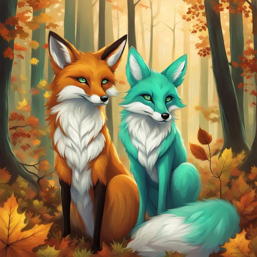 Green Fox and Blue Vixen in Autumn Forest