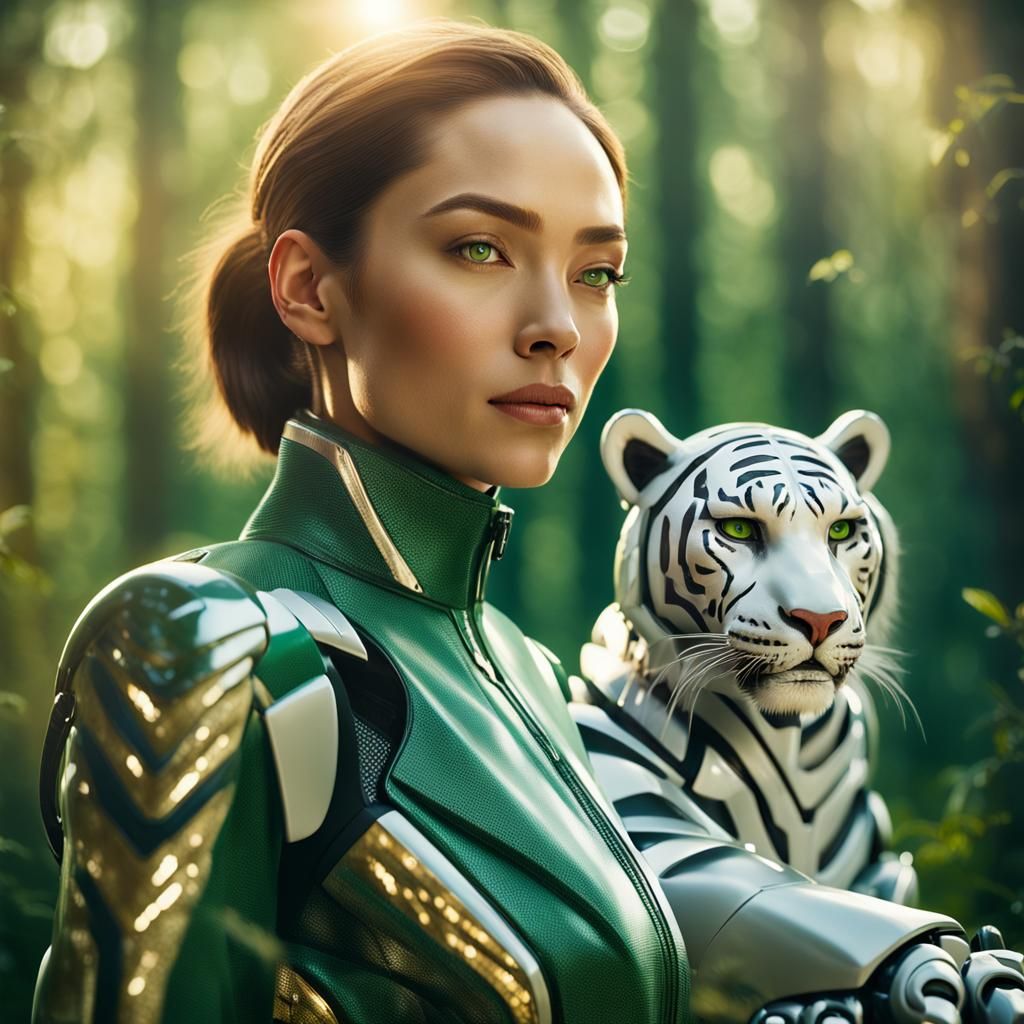 Humanoid Robot Rides Tiger into Morning Sunlight Amid Forest...