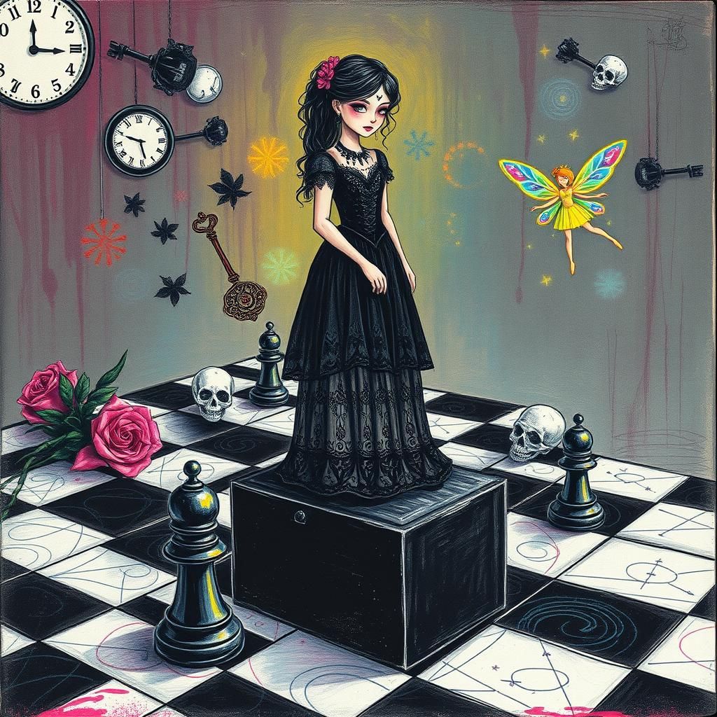 Goth Woman on Chessboard in Childlike Crayon Drawing