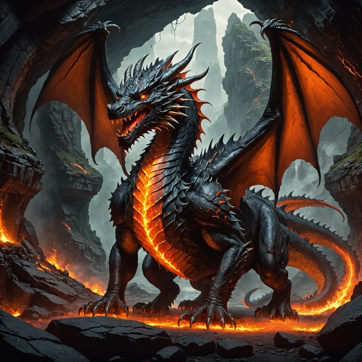 a realistic gian dragon, you can see only hes head on the cave for he is gigantic, and he has lava driping from his mout...