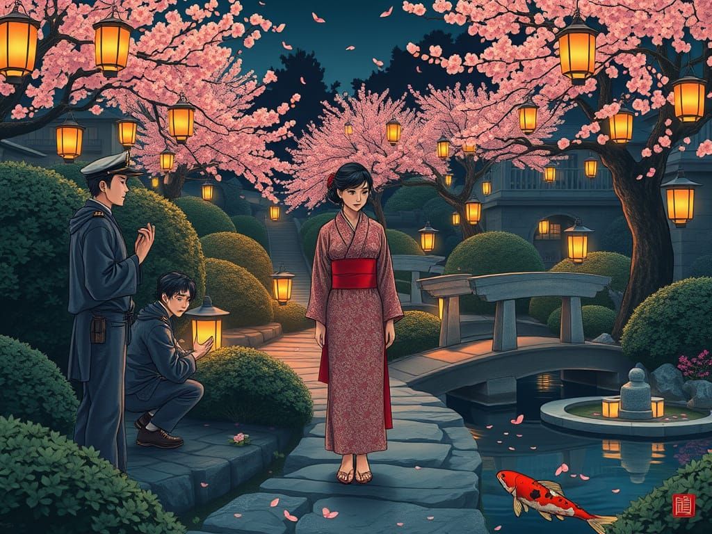 Ukiyo-e Style Sailors Plead with Serene Woman in Lanternlit ...