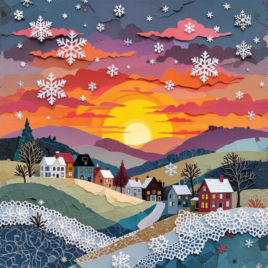 Winter Sunset Collage with Houses and Lace Snowflakes