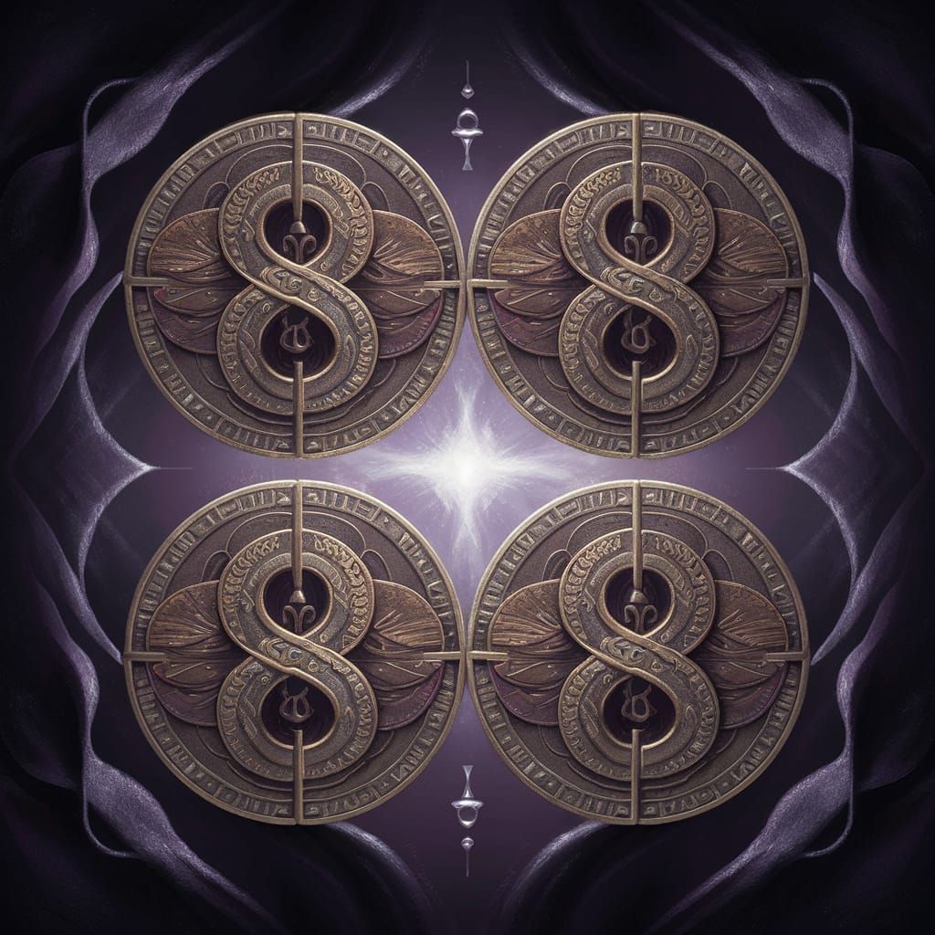 Tarot Eight of Coins in Symmetrical Gold and Silver Design