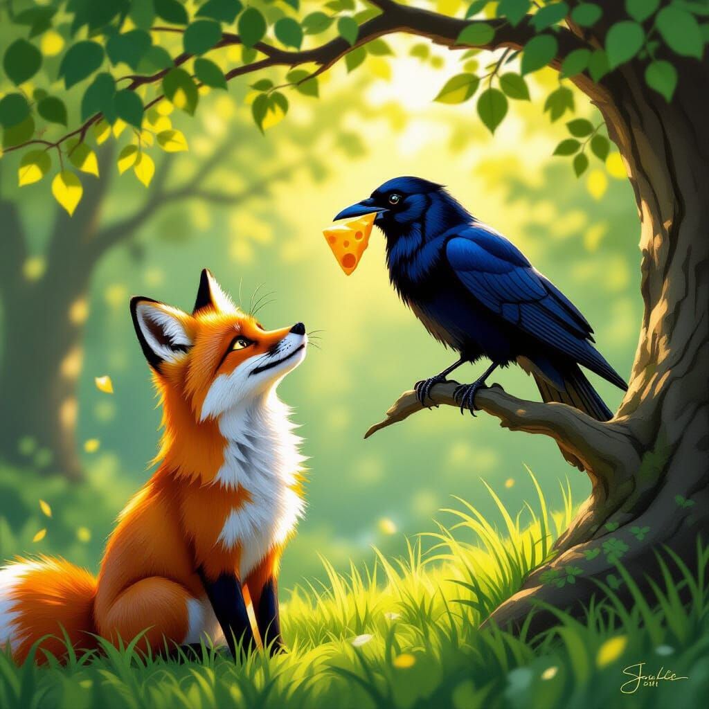 Fox Gazes at Crow with Golden Cheese in Forest Sunlight