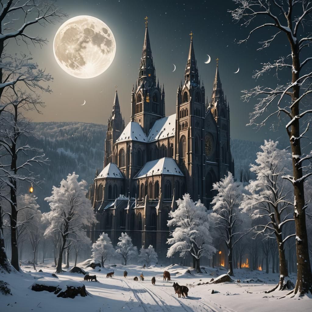 Snowy Cathedral Surrounded by Forest, Matte Painting