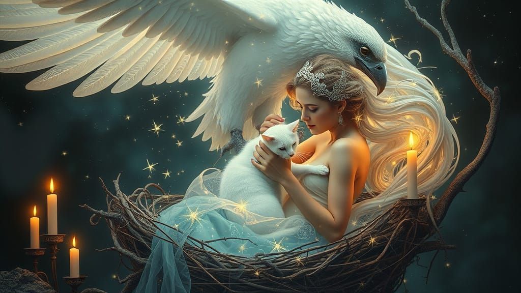 Surreal Woman with Translucent Body and Bioluminescent Cat