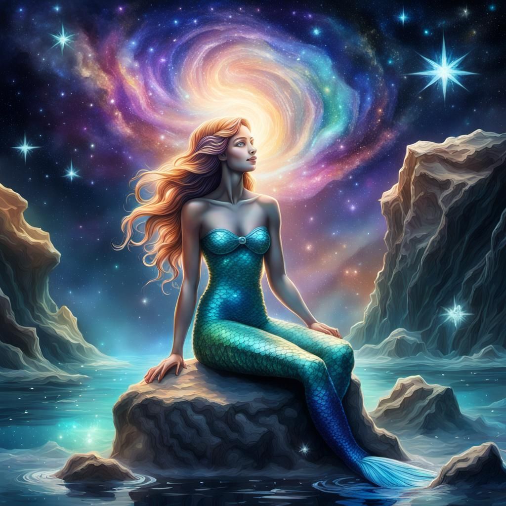Cosmic Mermaid Watching Falling Stars