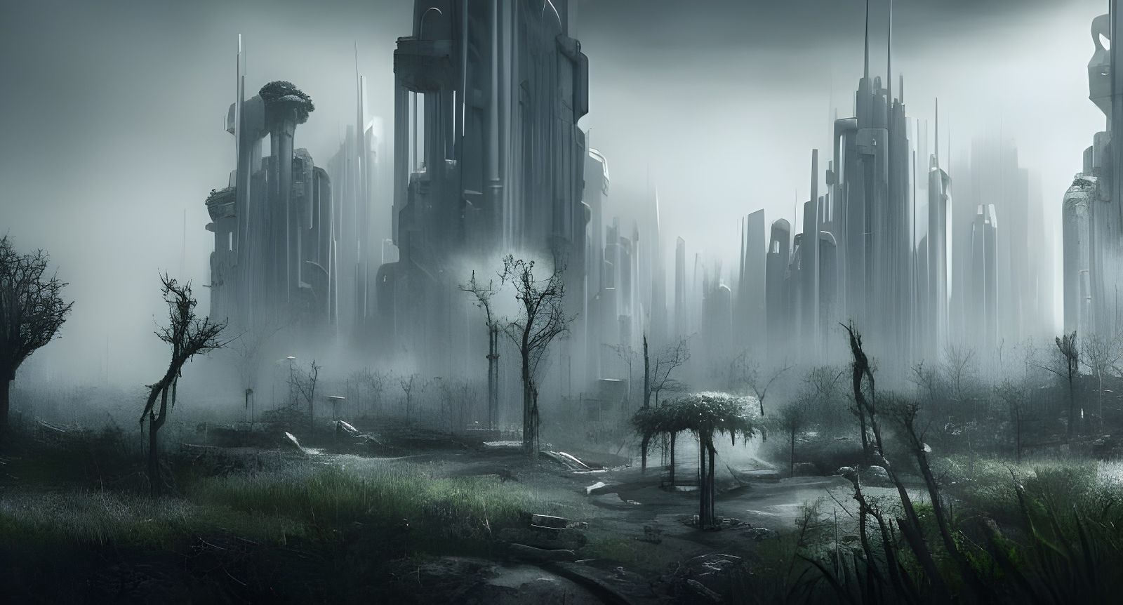 Serene Dystopian Cityscape Concept Art