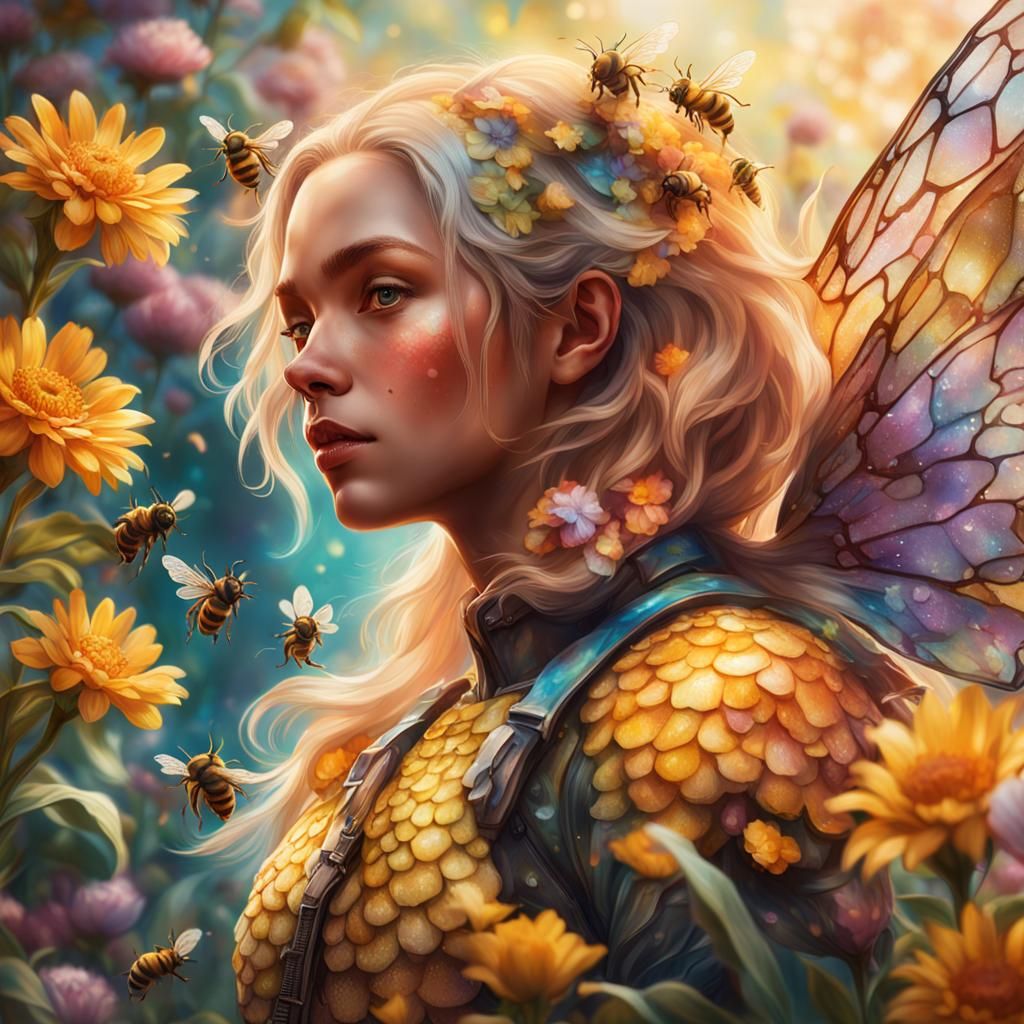 Woman Bee Chimera in Hyperrealistic Splash Art