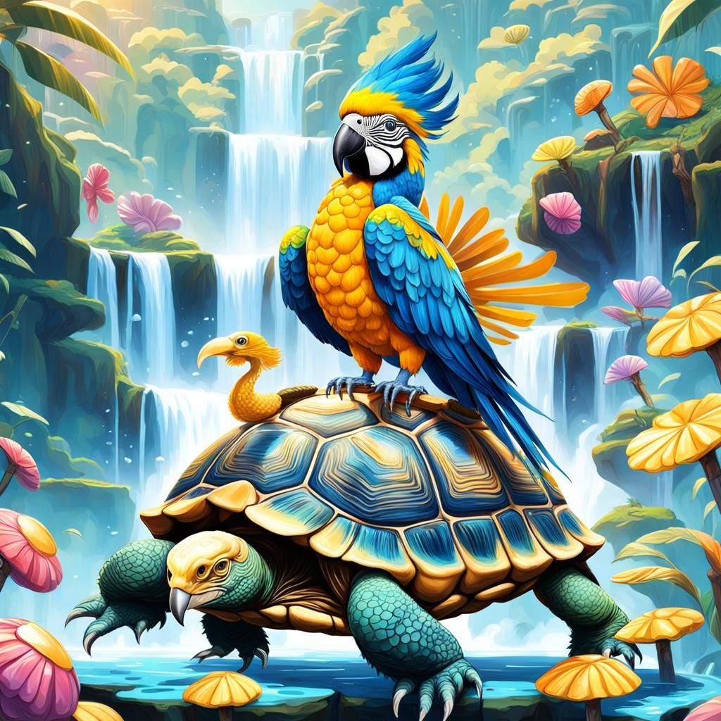Blue Macaw on Tortoise in Candyland Style