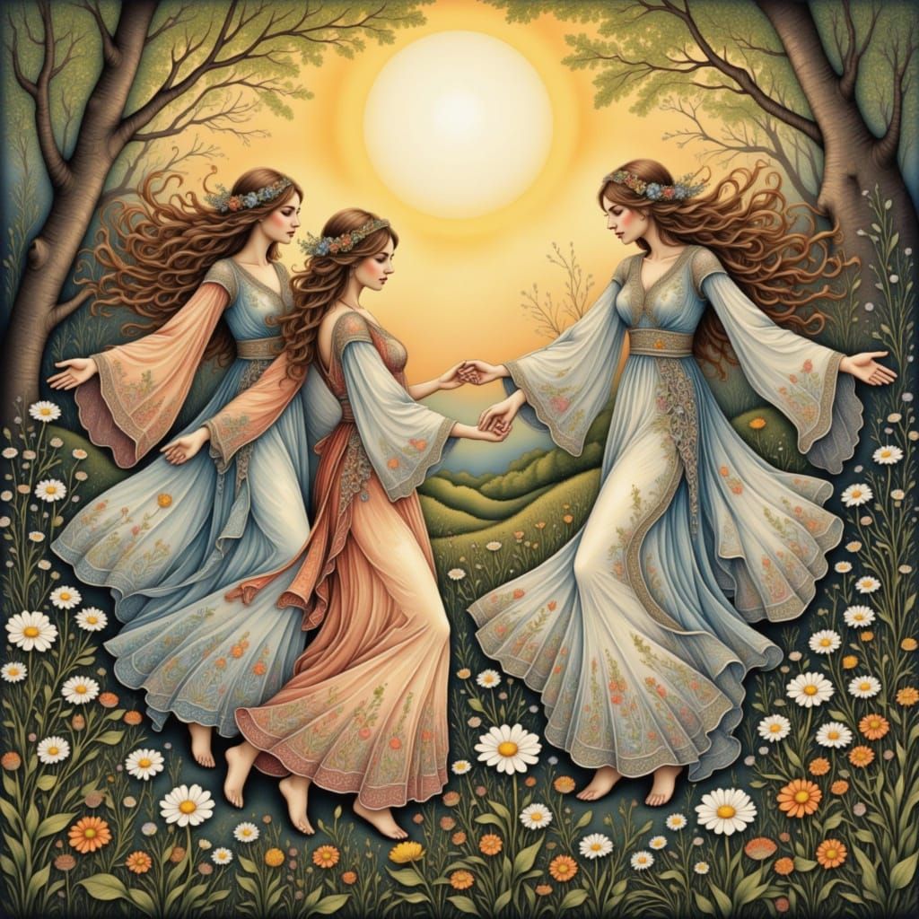Ethereal Slavic Spirits Dancing in Sunlit Meadow
