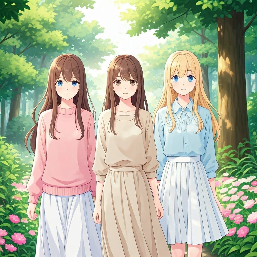 Three Women Stroll Through a Vibrant Japanese Forest