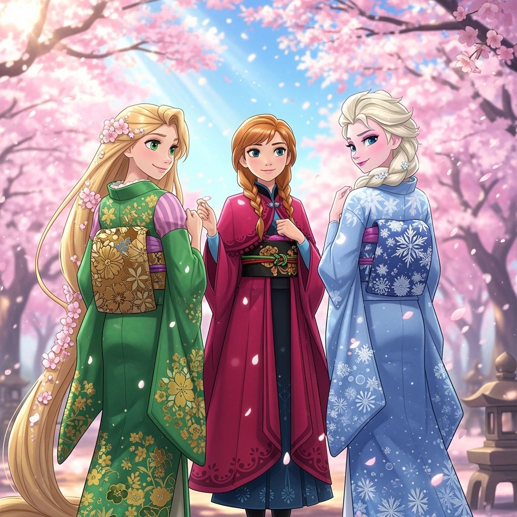 Disney Princesses in Elegant Kimonos in Cherry Blossom Garde...